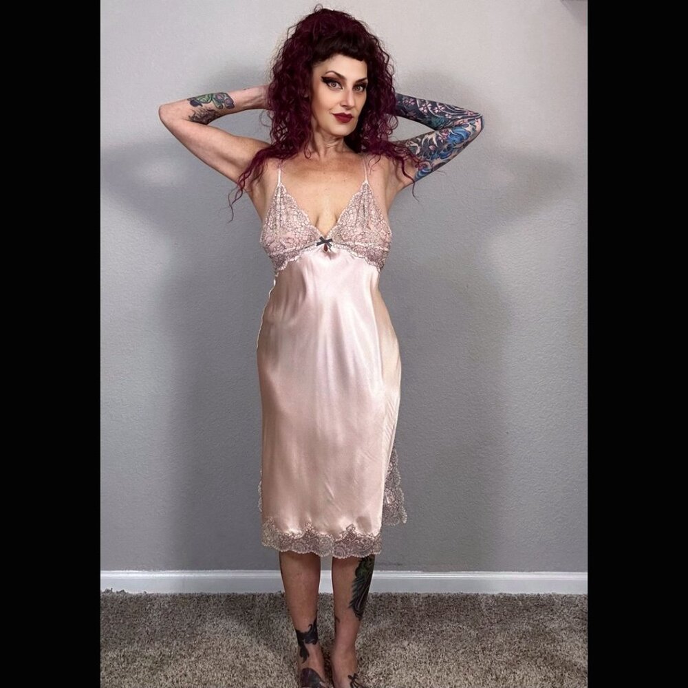 Y2K Victoria's Secret Peach Pewter Slip Dress Lingerie Sheer Chemise Bridal M